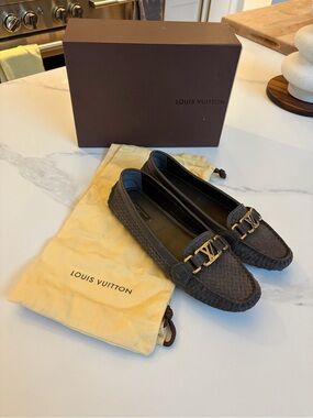 Louis Vuitton Black Woven Leather Loafers with Gold LV Buckle